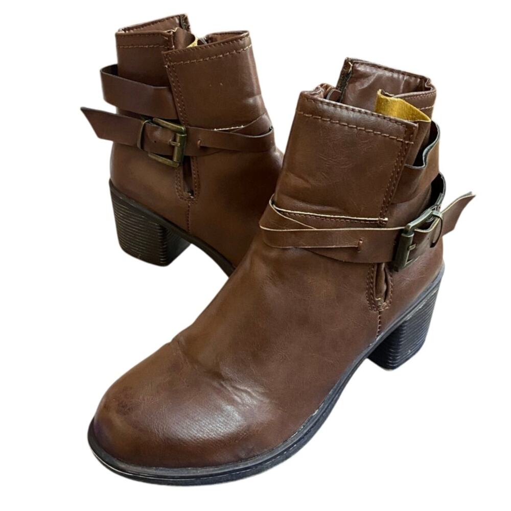 SOHO Women's Ankle Boots 7 Brown Double Buckle Fashion 1' Block Heel